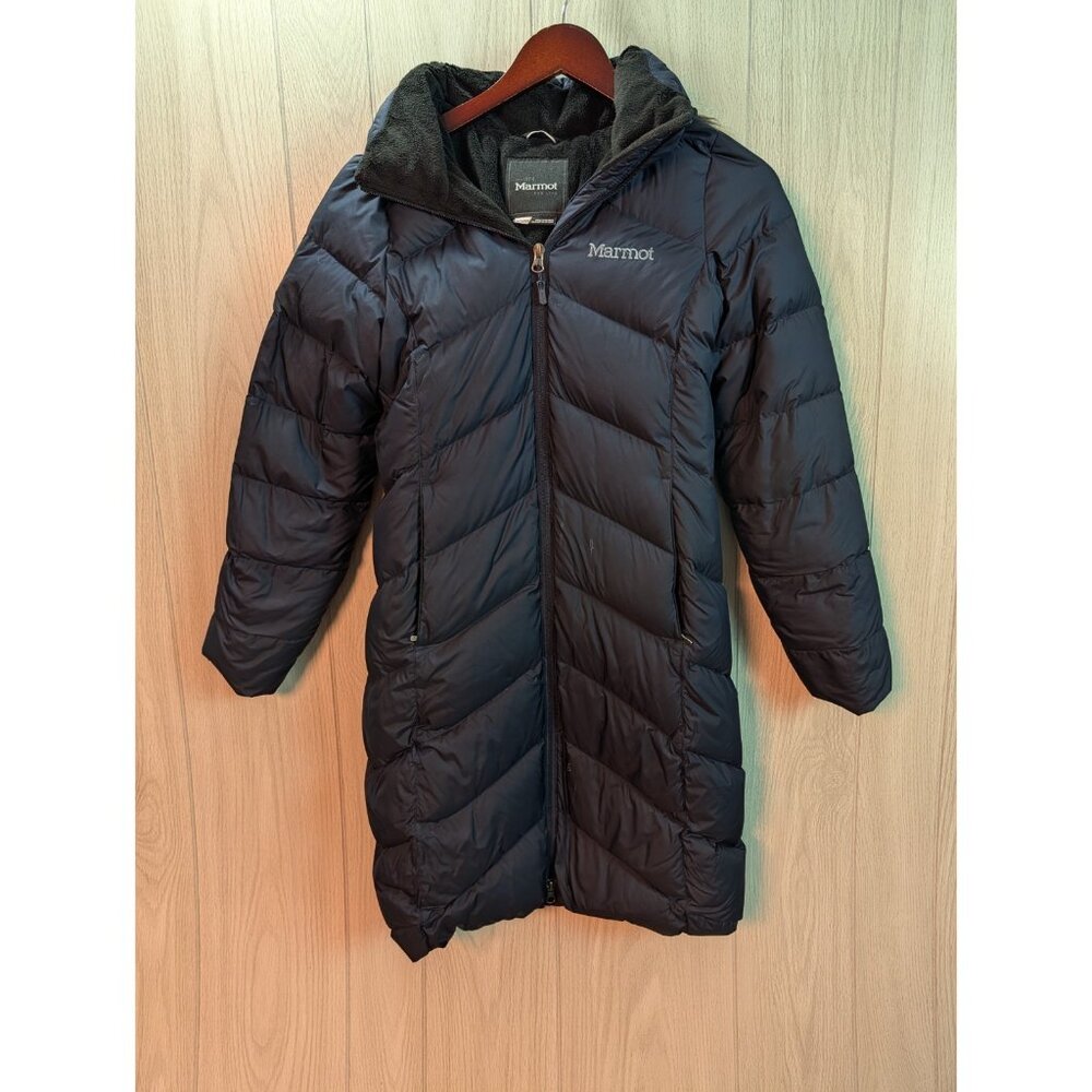 Marmot Down Puffer Coat Womens XS Navy Blue Parka Faux Fur Hood 700 Fill